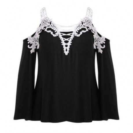 Plus Size Plunge Neck Bell Sleeve Cold Shoulder Lace Spliced Women Blouse (BLACK)