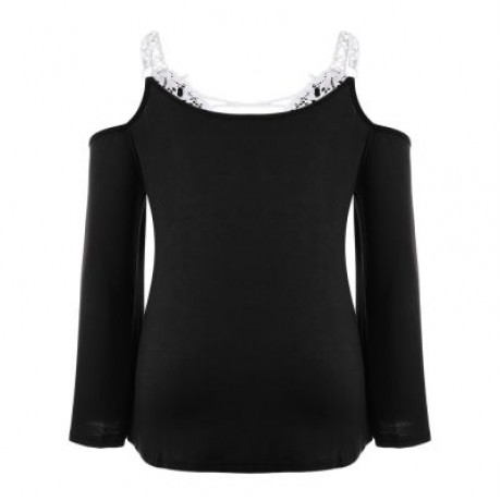 Plus Size Plunge Neck Bell Sleeve Cold Shoulder Lace Spliced Women Blouse (BLACK)