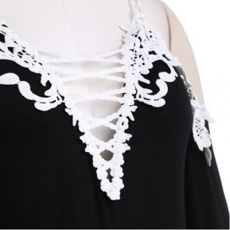 Plus Size Plunge Neck Bell Sleeve Cold Shoulder Lace Spliced Women Blouse (BLACK)