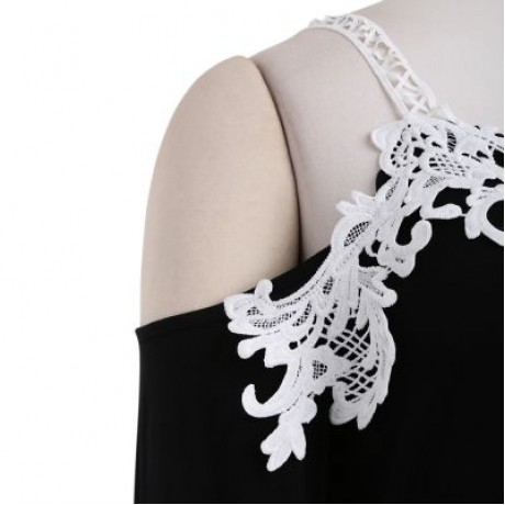 Plus Size Plunge Neck Bell Sleeve Cold Shoulder Lace Spliced Women Blouse (BLACK)