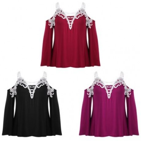 Plus Size Plunge Neck Bell Sleeve Cold Shoulder Lace Spliced Women Blouse (BLACK)