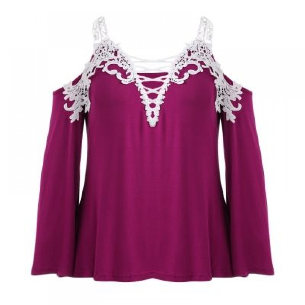Plus Size Plunge Neck Bell Sleeve Cold Shoulder Lace Spliced Women Blouse (PLUM)
