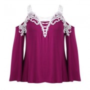 Plus Size Plunge Neck Bell Sleeve Cold Shoulder Lace Spliced Women Blouse (PLUM)
