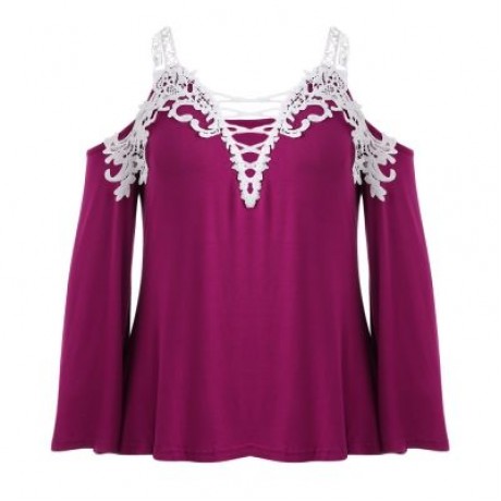 Plus Size Plunge Neck Bell Sleeve Cold Shoulder Lace Spliced Women Blouse (PLUM)