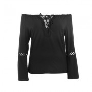 Plus Size Off The Shoulder Long Sleeve Solid Color Lace Spliced Women Blouse (BLACK)