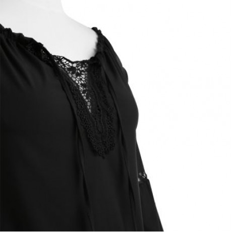 Plus Size Off The Shoulder Long Sleeve Solid Color Lace Spliced Women Blouse (BLACK)