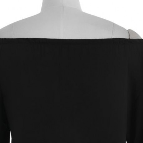 Plus Size Off The Shoulder Long Sleeve Solid Color Lace Spliced Women Blouse (BLACK)