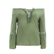 Plus Size Off The Shoulder Long Sleeve Solid Color Lace Spliced Women Blouse (DARK SEA GRE