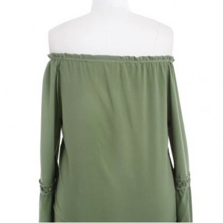 Plus Size Off The Shoulder Long Sleeve Solid Color Lace Spliced Women Blouse (DARK SEA GRE