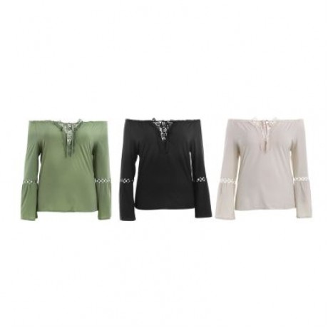 Plus Size Off The Shoulder Long Sleeve Solid Color Lace Spliced Women Blouse (DARK SEA GRE