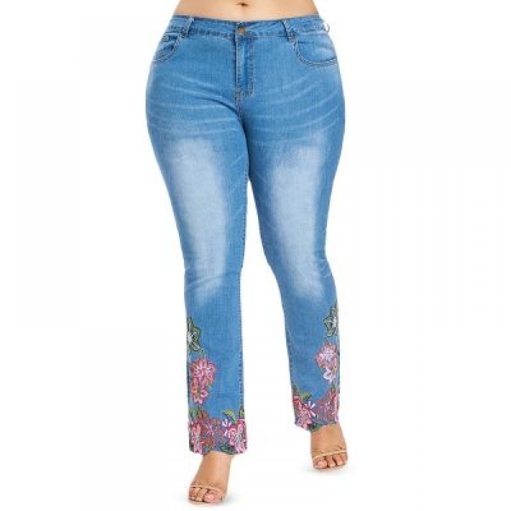 Plus Size Five Pocket Embroidery Jeans (JEANS BLUE)
