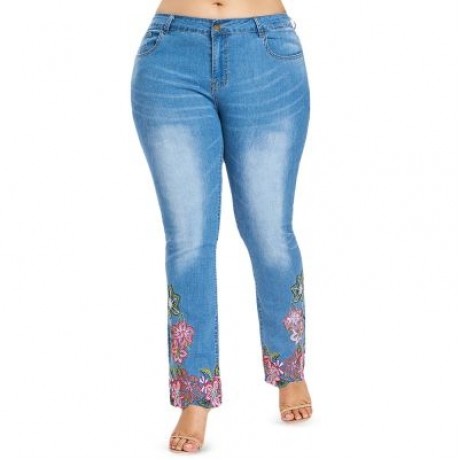 Plus Size Five Pocket Embroidery Jeans (JEANS BLUE)