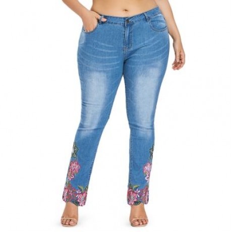 Plus Size Five Pocket Embroidery Jeans (JEANS BLUE)