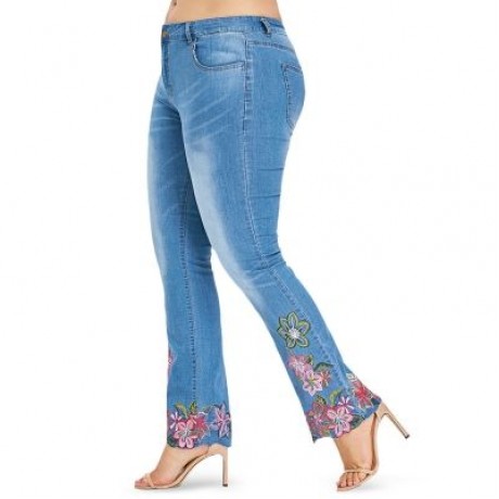 Plus Size Five Pocket Embroidery Jeans (JEANS BLUE)