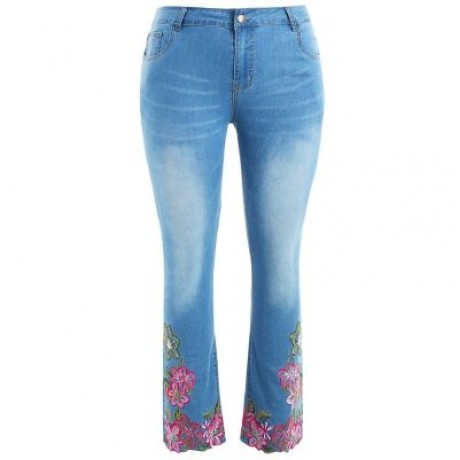 Plus Size Five Pocket Embroidery Jeans (JEANS BLUE)