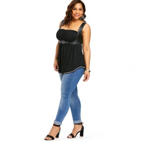Plus Size Square Neck Empire Waist Curved Tank Top (BLACK)