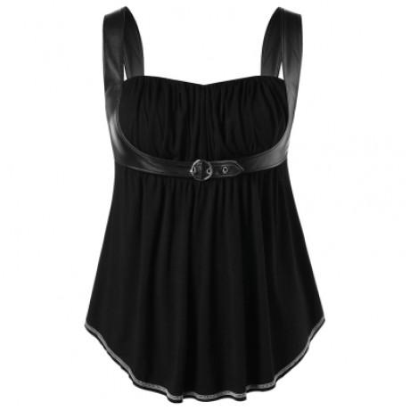 Plus Size Square Neck Empire Waist Curved Tank Top (BLACK)