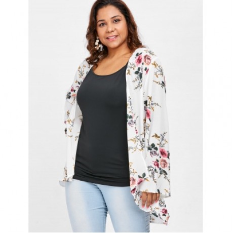 Plus Size Print Collarless Coat (WHITE)