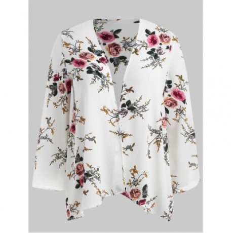 Plus Size Print Collarless Coat (WHITE)