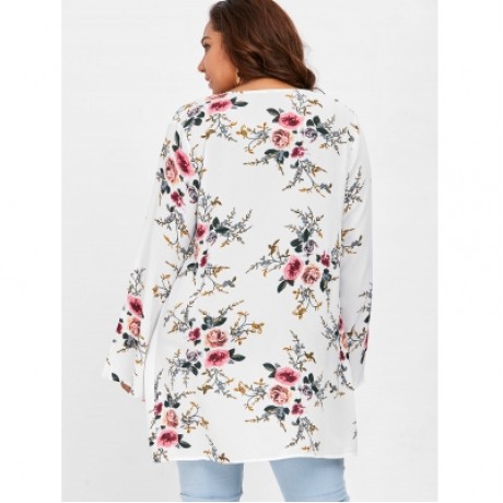 Plus Size Print Collarless Coat (WHITE)