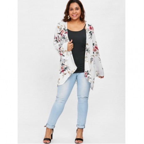Plus Size Print Collarless Coat (WHITE)
