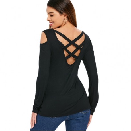 Cold Shoulder Back Criss Cross T-shirt  (BLACK)