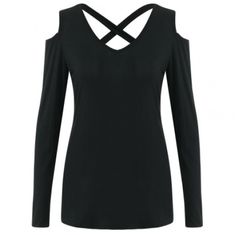 Cold Shoulder Back Criss Cross T-shirt  (BLACK)