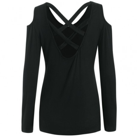 Cold Shoulder Back Criss Cross T-shirt  (BLACK)