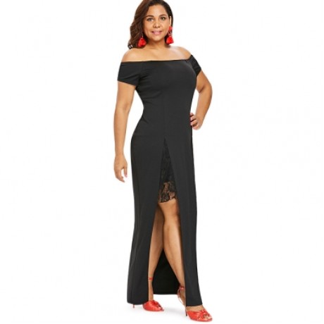 Plus Size Floral Lace Party Maxi Dress (BLACK)