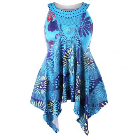 Plus Size Cutaway Handkerchief Tank Top (DEEP SKY BLUE)