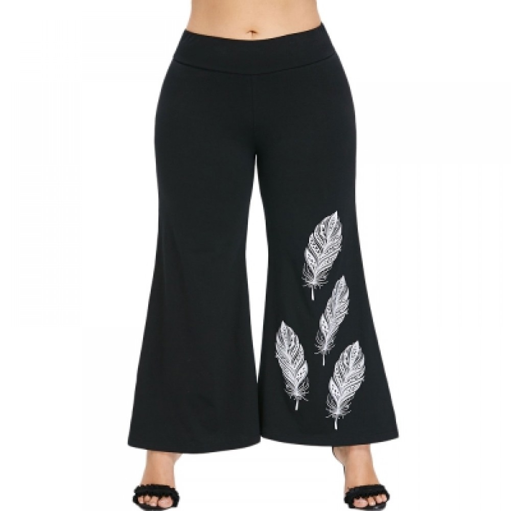Plus Size Feather Pattern Flare Leg Pants (BLACK)