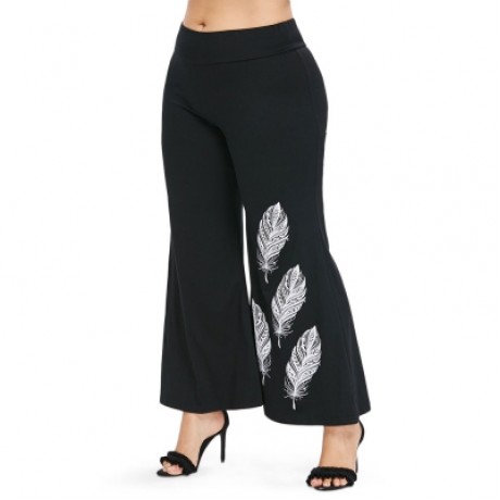 Plus Size Feather Pattern Flare Leg Pants (BLACK)