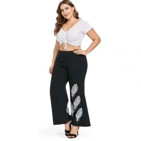 Plus Size Feather Pattern Flare Leg Pants (BLACK)