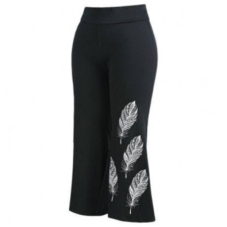 Plus Size Feather Pattern Flare Leg Pants (BLACK)