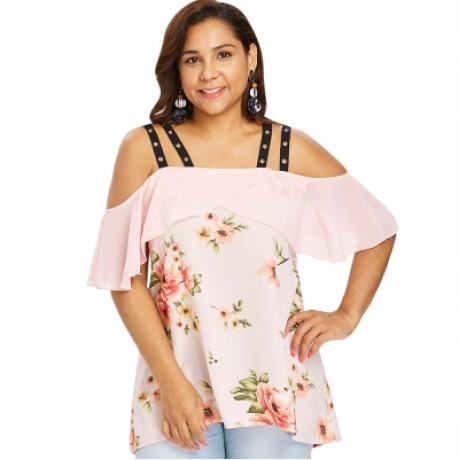 Plus Size Floral Cold Shoulder Ruffle High Low Blouse (LIGHT PINK)