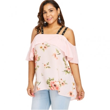 Plus Size Floral Cold Shoulder Ruffle High Low Blouse (LIGHT PINK)