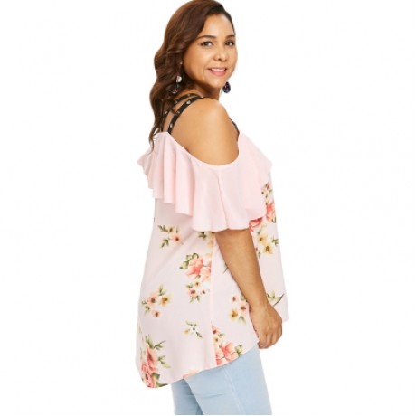 Plus Size Floral Cold Shoulder Ruffle High Low Blouse (LIGHT PINK)