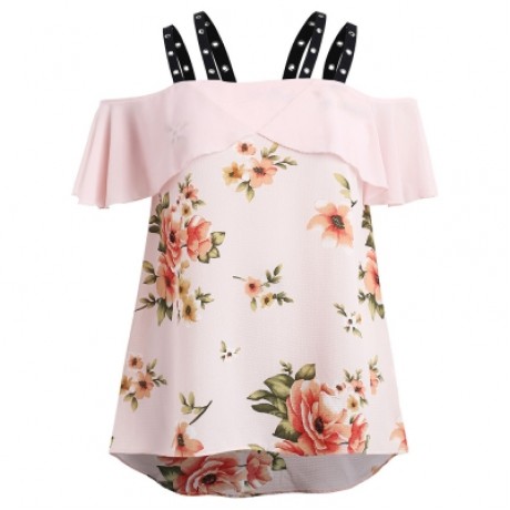 Plus Size Floral Cold Shoulder Ruffle High Low Blouse (LIGHT PINK)