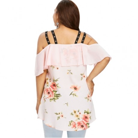 Plus Size Floral Cold Shoulder Ruffle High Low Blouse (LIGHT PINK)