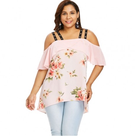 Plus Size Floral Cold Shoulder Ruffle High Low Blouse (LIGHT PINK)