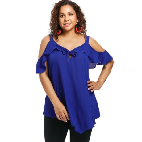 Plus Size Cold Shoulder Ruffle Blouse (COBALT BLUE)