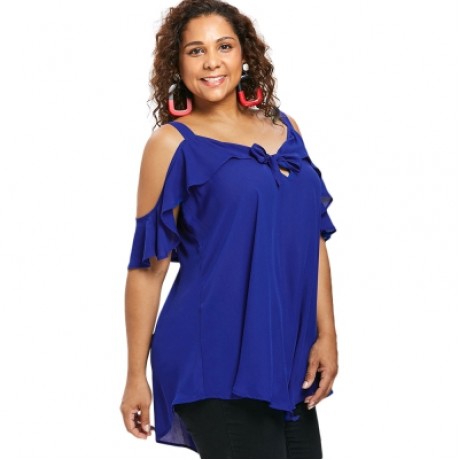 Plus Size Cold Shoulder Ruffle Blouse (COBALT BLUE)