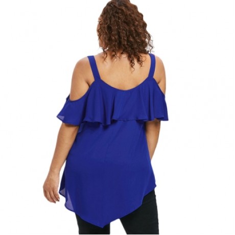 Plus Size Cold Shoulder Ruffle Blouse (COBALT BLUE)