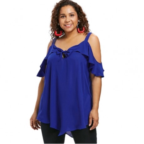 Plus Size Cold Shoulder Ruffle Blouse (COBALT BLUE)