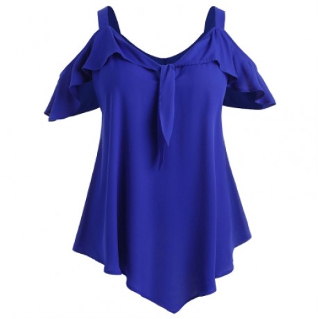 Plus Size Cold Shoulder Ruffle Blouse (COBALT BLUE)