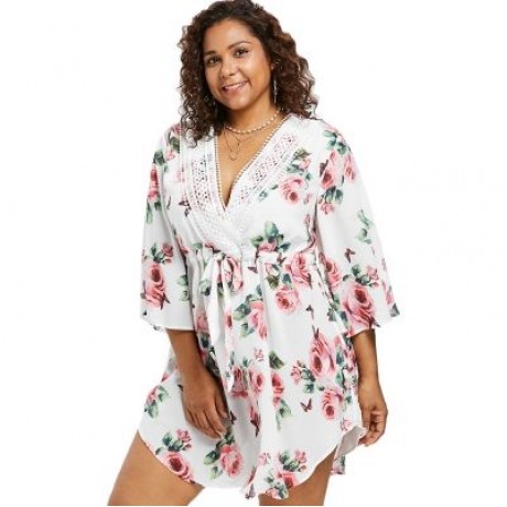 Plus Size Floral Print Plunge Dress (WHITE)