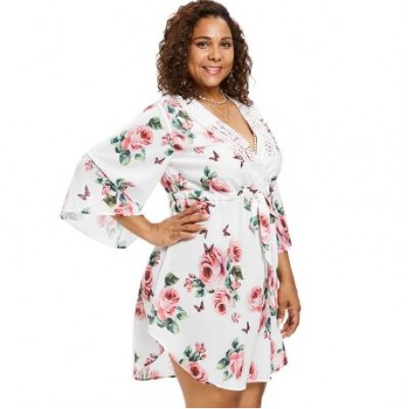 Plus Size Floral Print Plunge Dress (WHITE)
