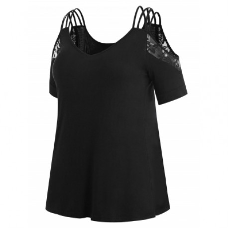 Cold Shoulder Plus Size Lace Insert T-shirt (BLACK)