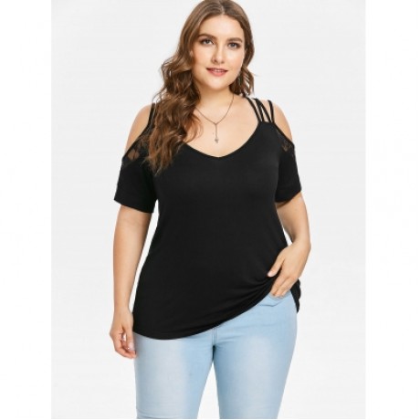 Cold Shoulder Plus Size Lace Insert T-shirt (BLACK)
