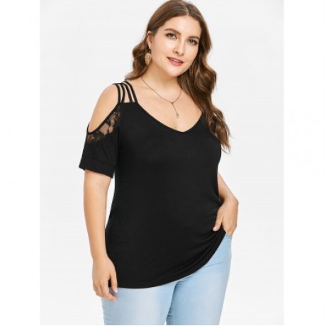 Cold Shoulder Plus Size Lace Insert T-shirt (BLACK)